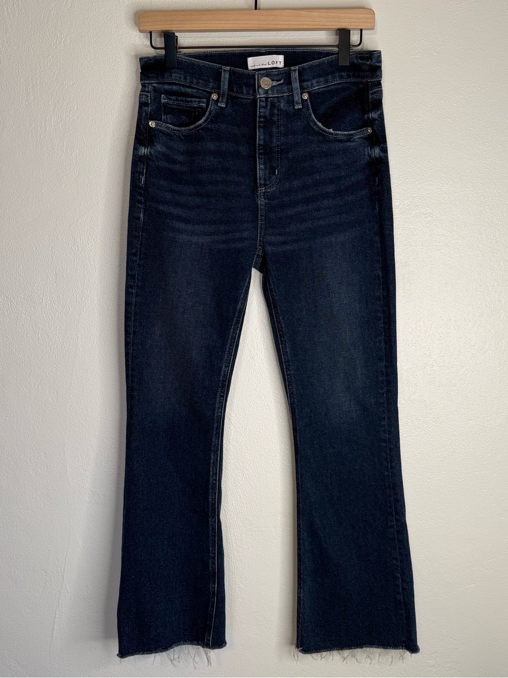 Loft Women’s High Waist Flare Crop Ankle Jeans Dark Wash Raw Hem Size 2